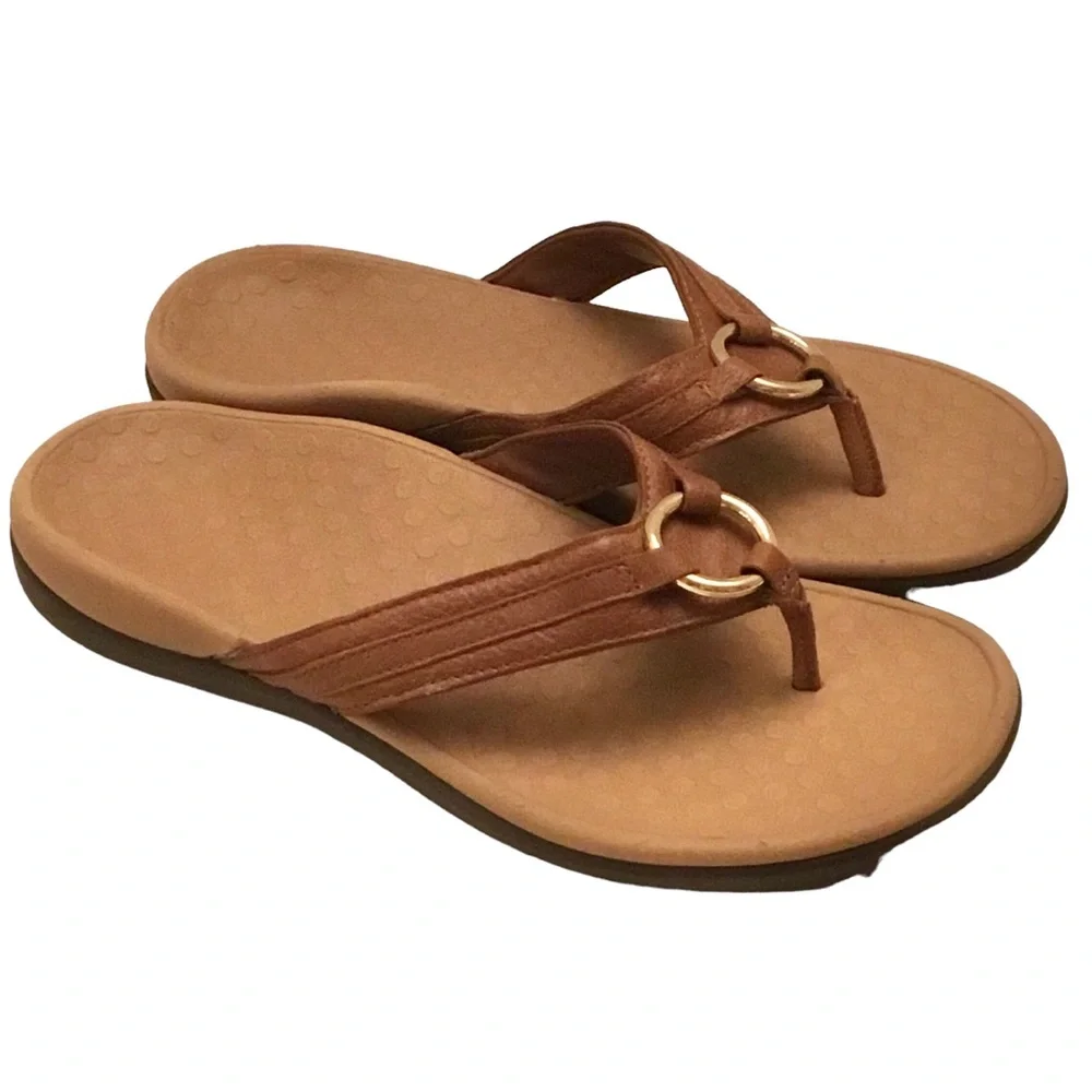Vionic Tide Aloe Sandals Women’s 10 Brown Leather Strap Thong Toe-Post Flip Flop